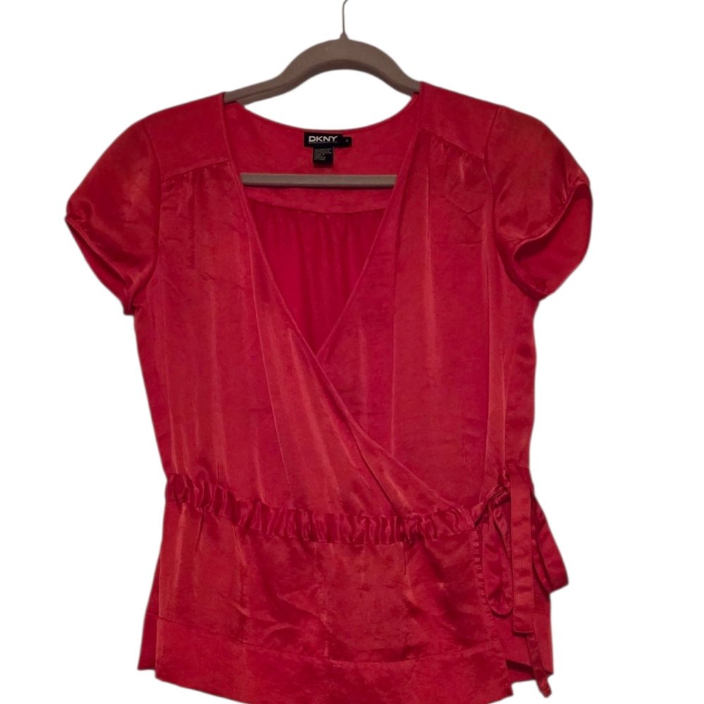 DKNY Orange Short Sleeve Wrap Blouse